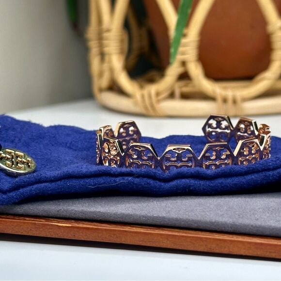 Tory Burch Hexagon Frozen Logo Cuff Bracelet Rose Gold Plated Bangle Jewelry - Picture 4 of 7